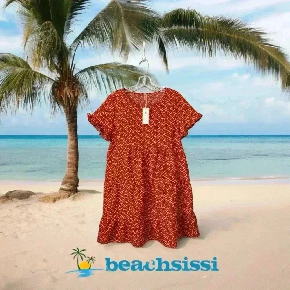 Beachsissi, Floral Print Short Sleeve Mini Dress, Small, Red & White 🌸